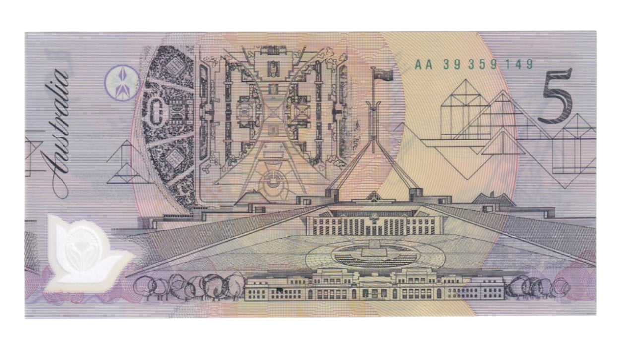 1992 Australian $5 Note - AA 39359149 - Fraser/Cole - R214 - Normal Prefix - Uncirculated