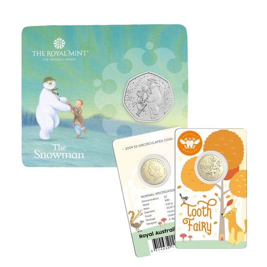 2024 $2 Tooth Fairy Coin in Card/The Snowman UK 50p Brilliant Uncirculated Coin Bundle
