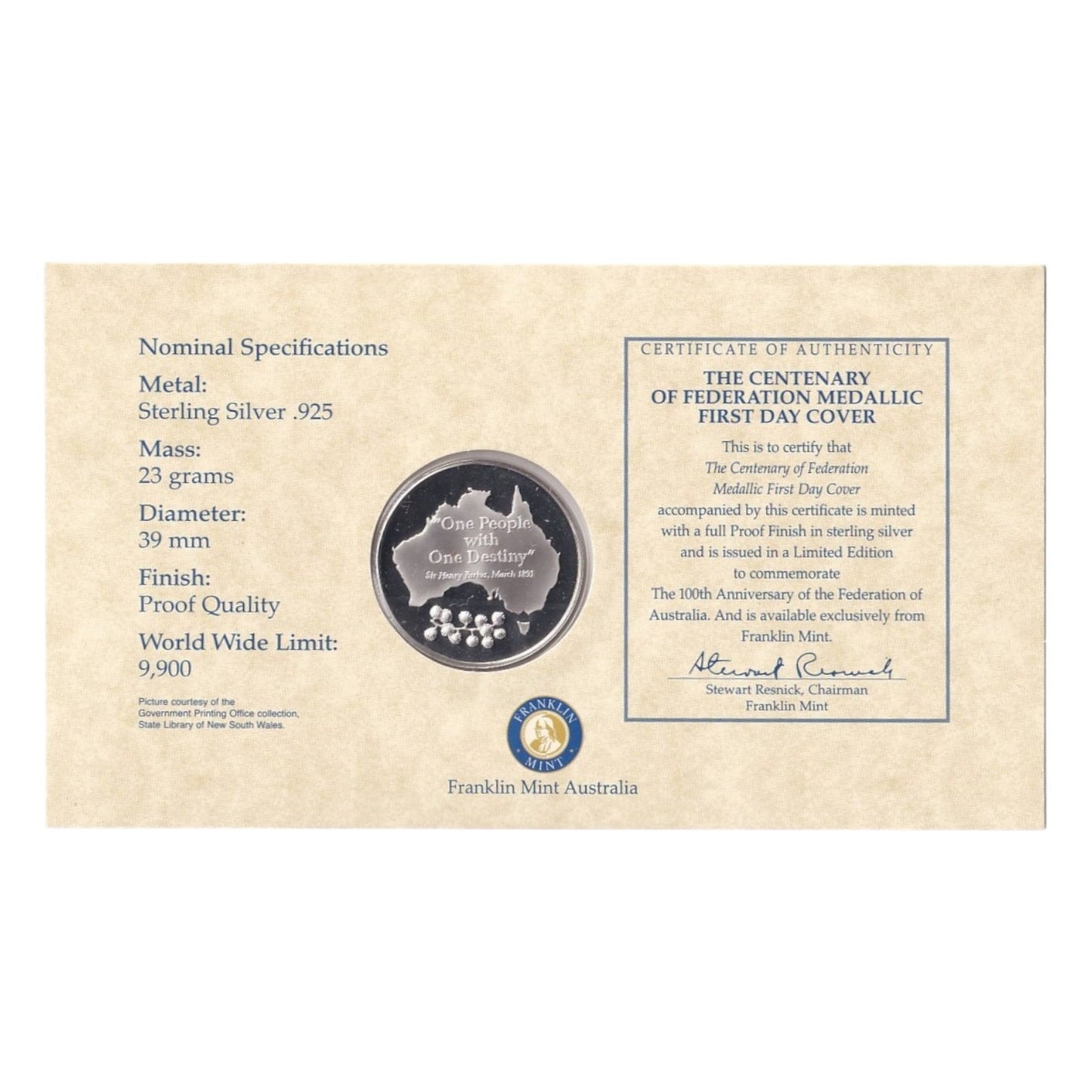 2001 The Centenary of Federation Silver Proof Medallic First Day Cover - Franklin Mint