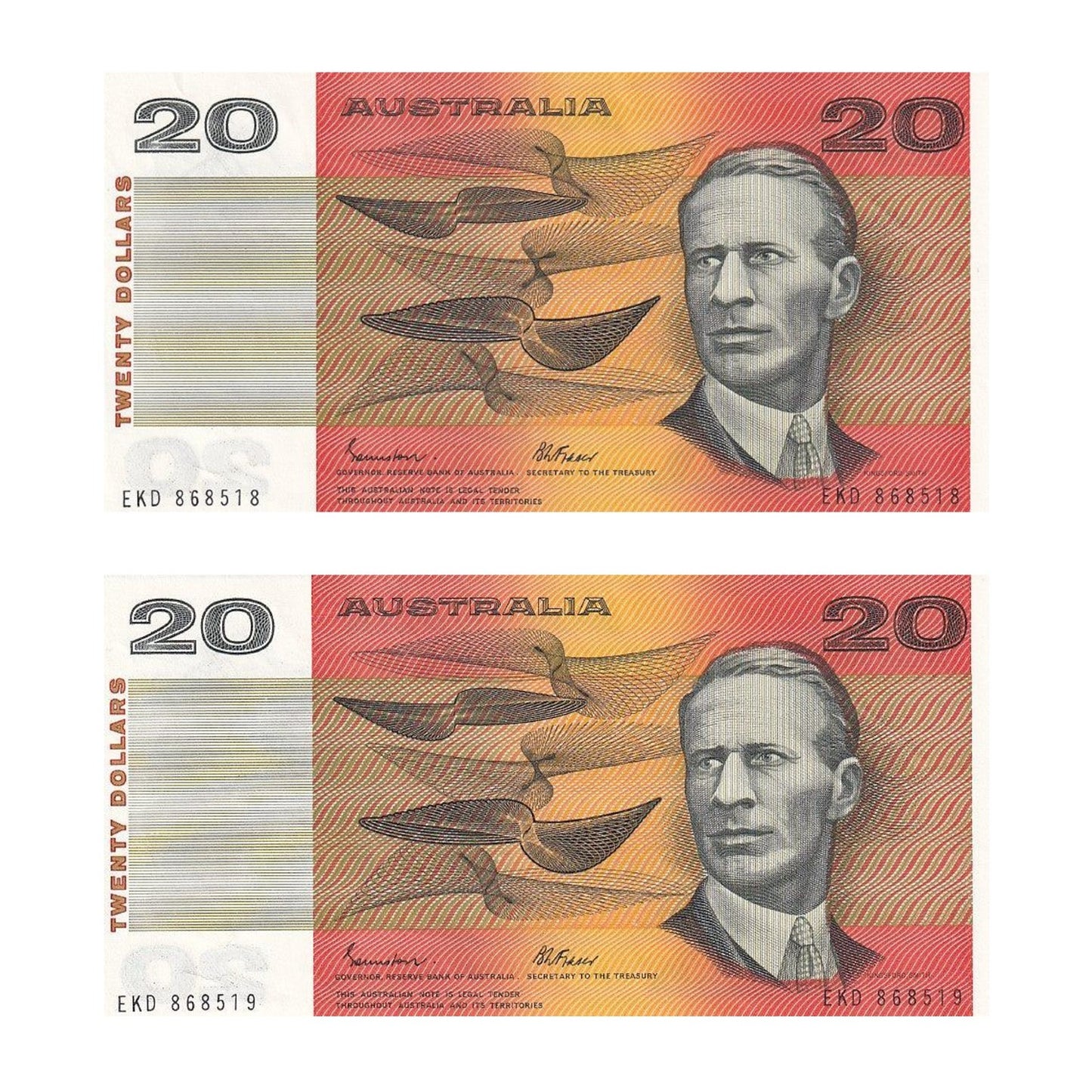1985 $20 Note Pair - Sequential Numbers - EKD 868518 & EKD 868519 - Johnston/Fraser - Gothic Serial - R409b - About Uncirculated