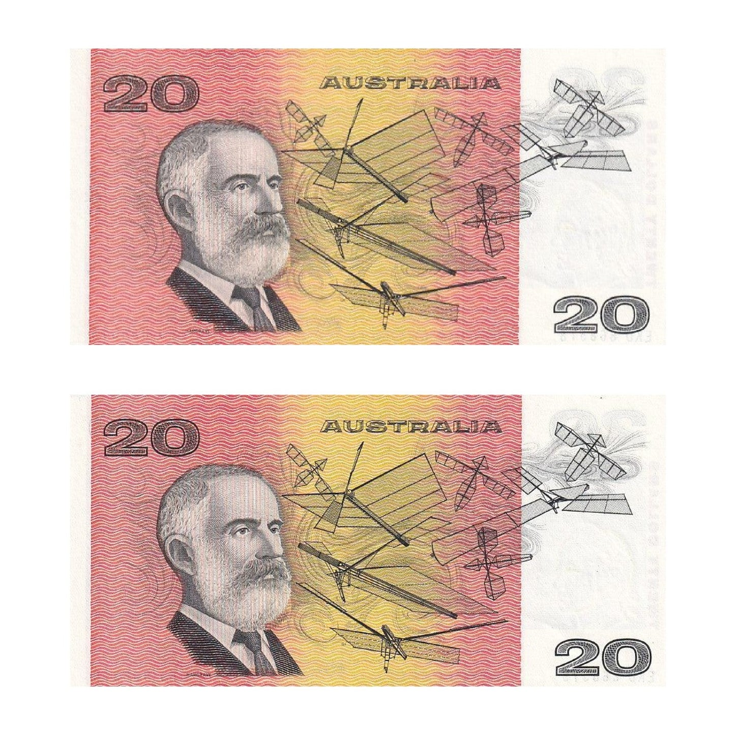 1985 $20 Note Pair - Sequential Numbers - EKD 868518 & EKD 868519 - Johnston/Fraser - Gothic Serial - R409b - About Uncirculated