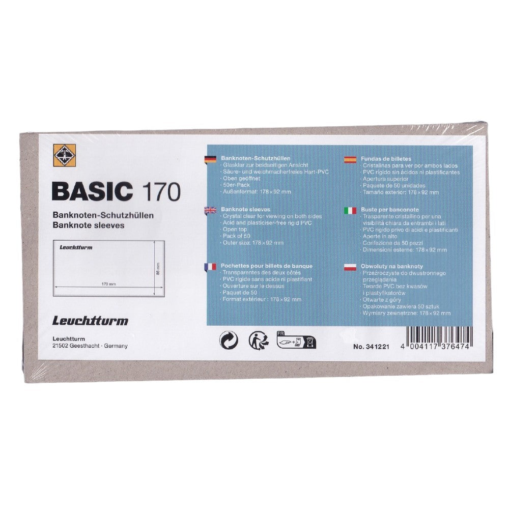 Lighthouse Basic 170 Banknote Sleeves - 176mm x 90mm - 50 Pack