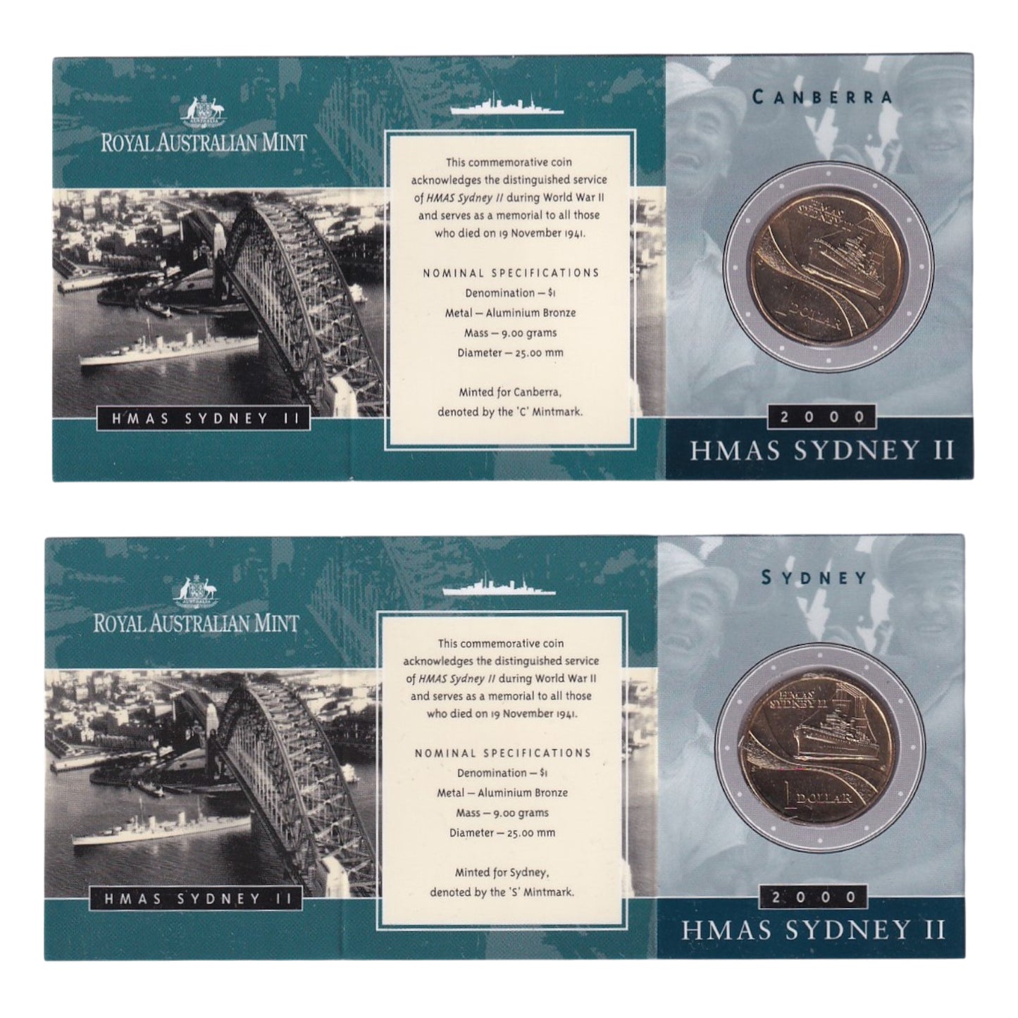 2000 Australian $1 Coin - HMAS Sydney II - Multiple Mintmarks Available