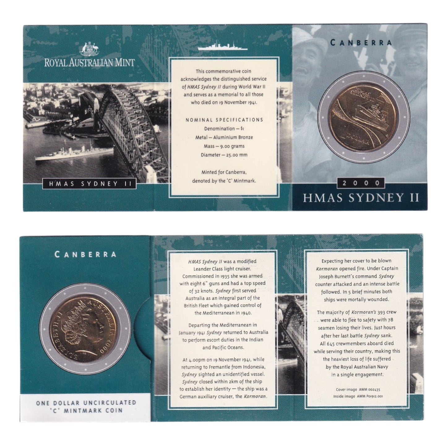 2000 Australian $1 Coin - HMAS Sydney II - Multiple Mintmarks Available