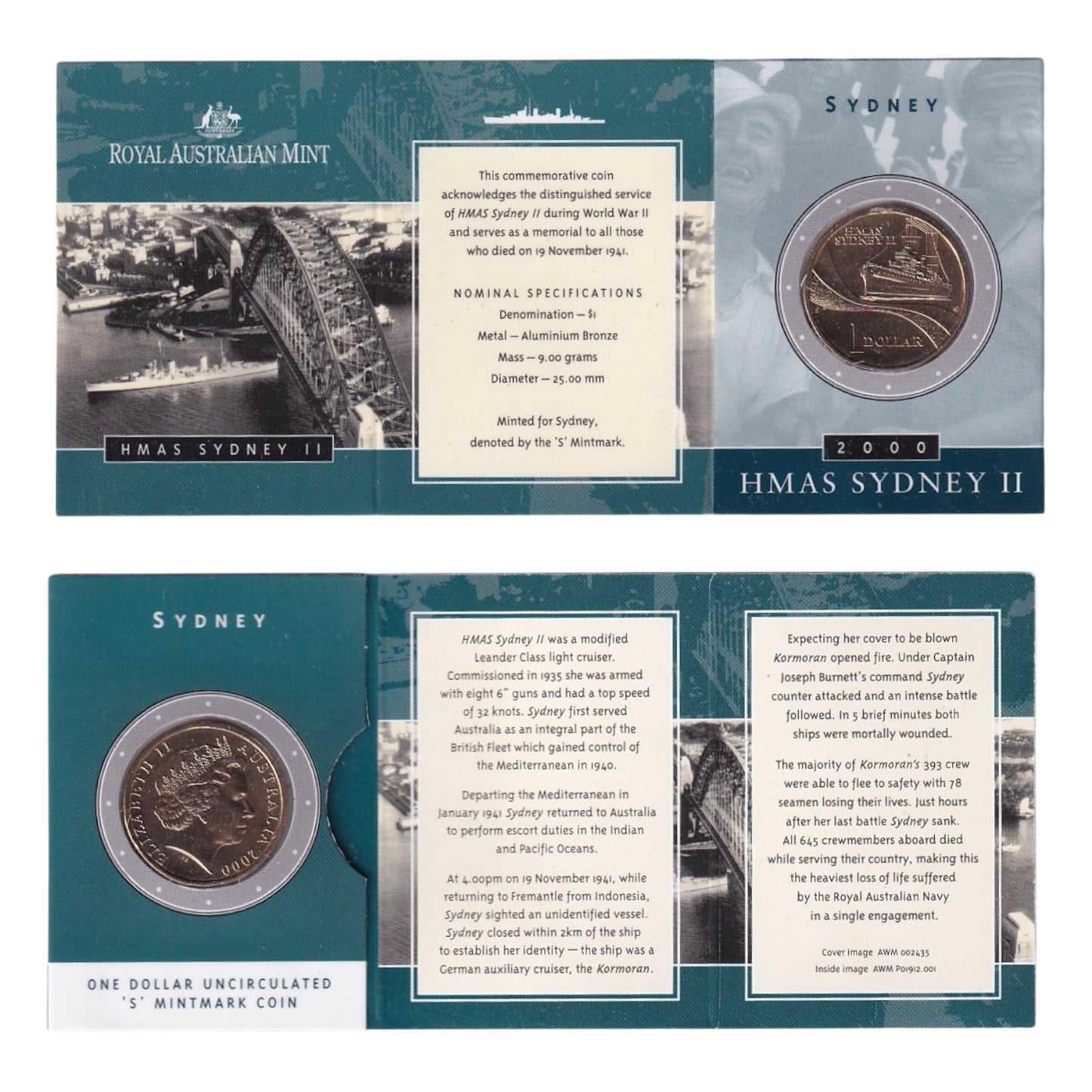 2000 Australian $1 Coin - HMAS Sydney II - Multiple Mintmarks Available