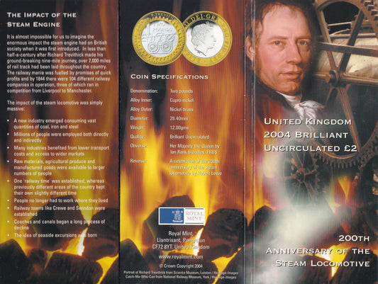 2004 Royal Mint - First Steam Locomotive £2 Brilliant Uncirculated Coin In Folder
