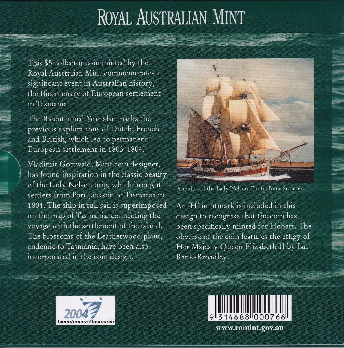 2004 $5 Coin - Bicentenary of Tasmania - 'H' Mintmark