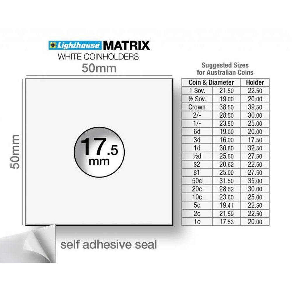 Lighthouse MATRIX WHITE Self-Adhesive Coin Holders - 1 Cent Coin & Threepence: 17.5mm (x25)