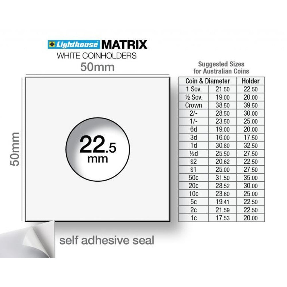 Lighthouse MATRIX WHITE Self-Adhesive Coin Holders - 2 Cent Coin & 2 Dollar Coin: 22.50mm