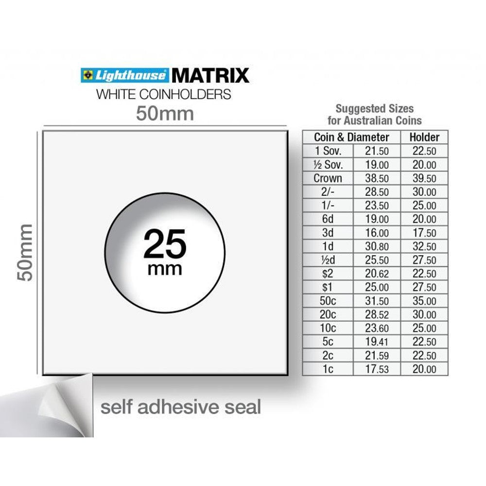 Lighthouse MATRIX WHITE Self-Adhesive Coin Holders - 10 Cent/$200 Coin & Shilling: 25mm