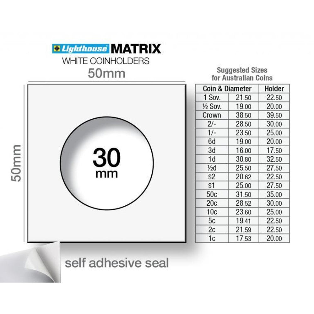 Lighthouse MATRIX WHITE Self-Adhesive Coin Holders - 20 Cent Coin and Florin: 30mm