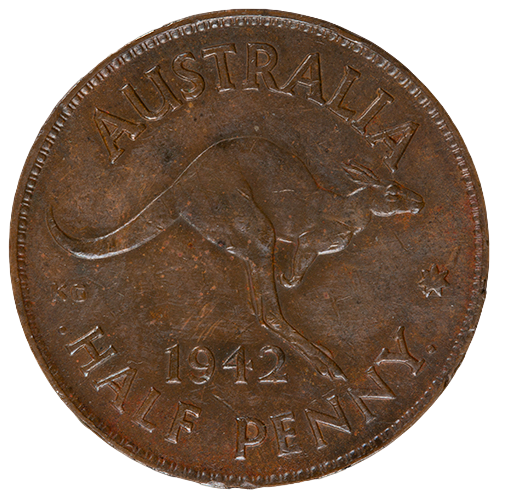 1942 Australian Half Penny - Perth Mint - Extremely Fine with Obverse Lamination Peel