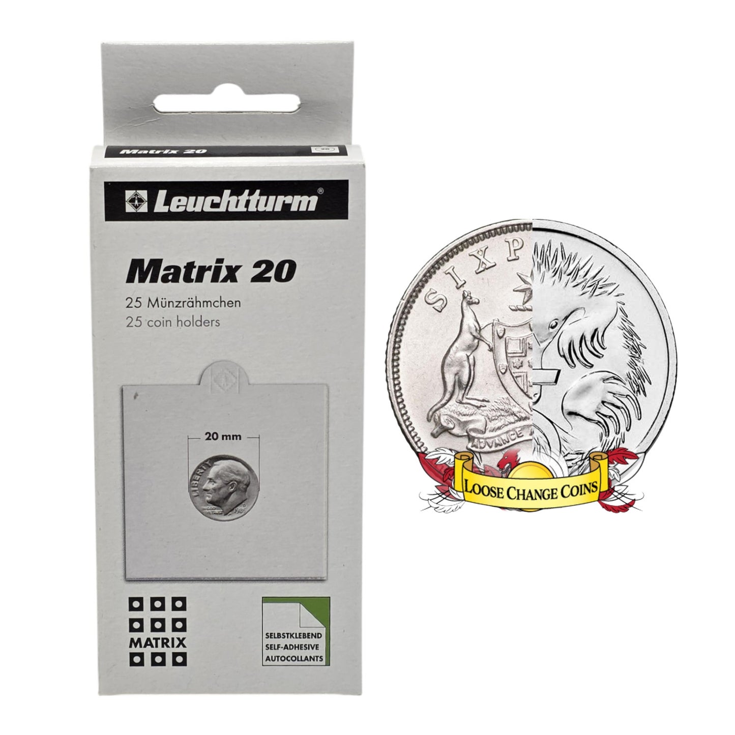 Lighthouse MATRIX WHITE Self-Adhesive Coin Holders - 5 Cent Coin & Sixpence: 20mm