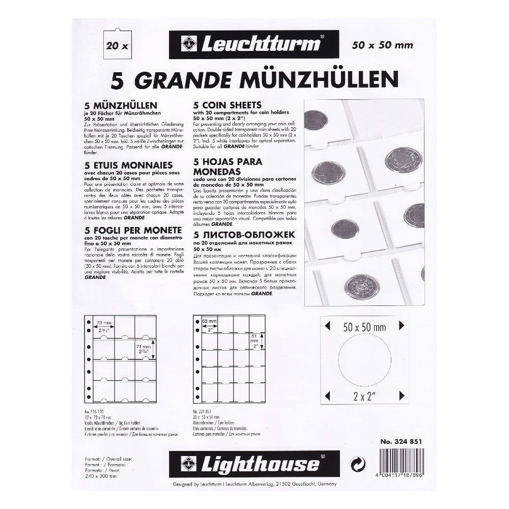 Lighthouse GRANDE Coin Album Plastic Stock pages - 20 spaces for 2x2 Coin Holders - pack of 5