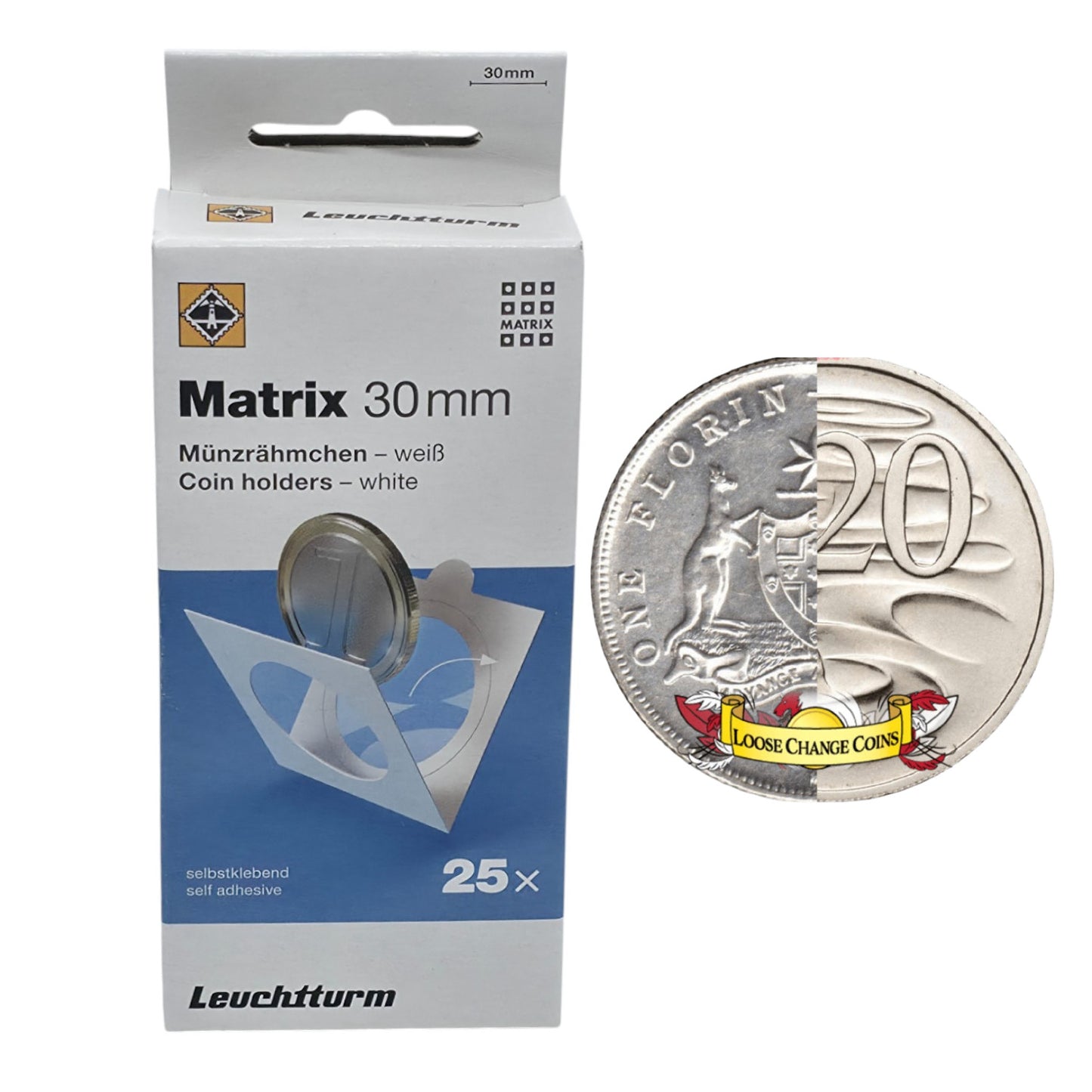 Lighthouse MATRIX WHITE Self-Adhesive Coin Holders - 20 Cent Coin and Florin: 30mm (x25)