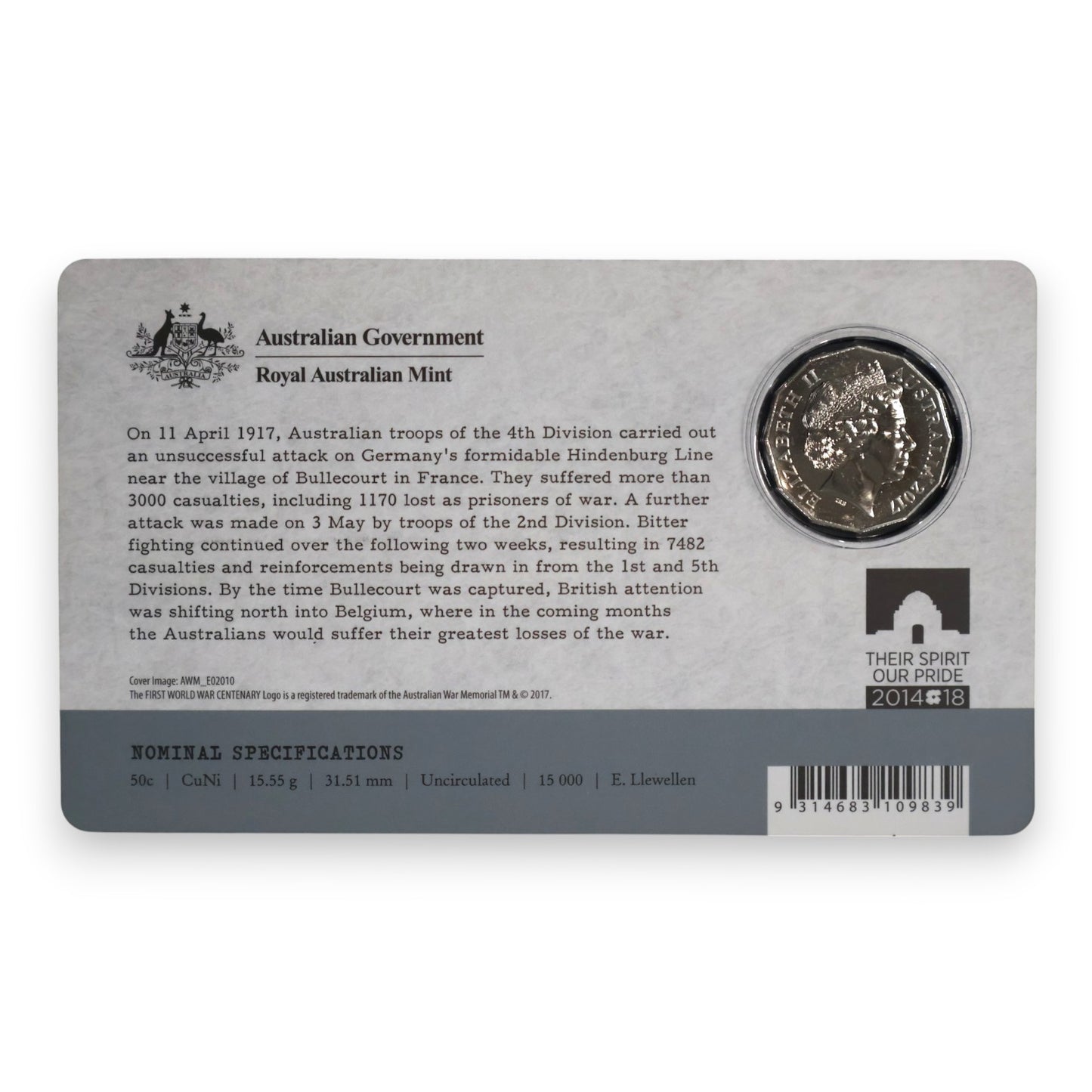 2017 50c Coin - The Western Front - The Battle of Bullecourt