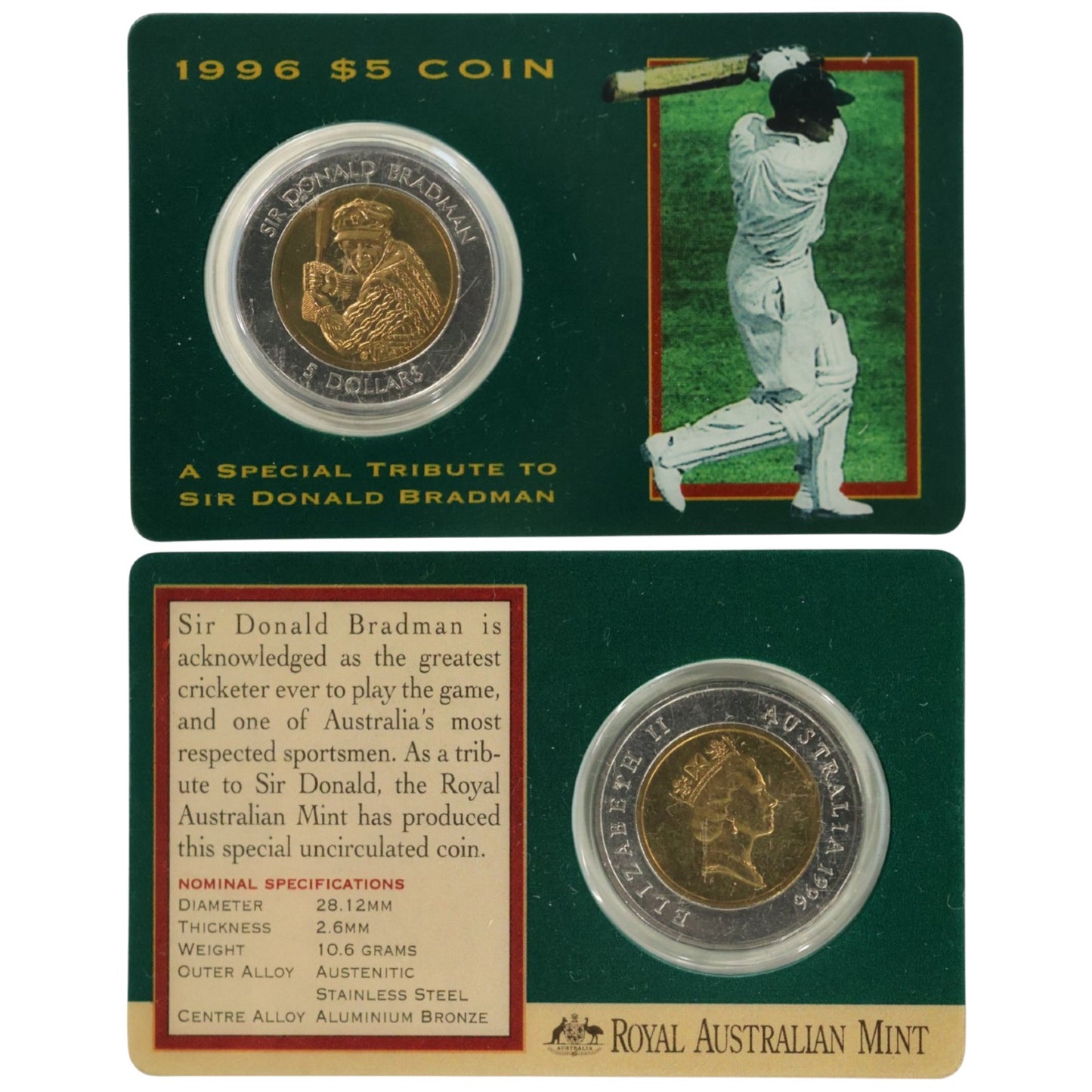1996 $5 Coin - Sir Donald Bradman Tribut