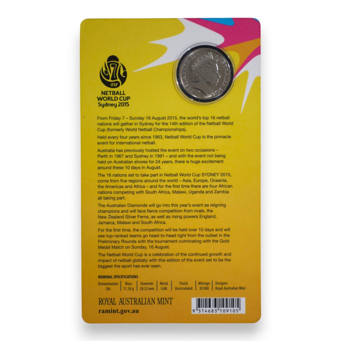 2015 20c Coin - Netball World Cup - 'S' Counterstamp
