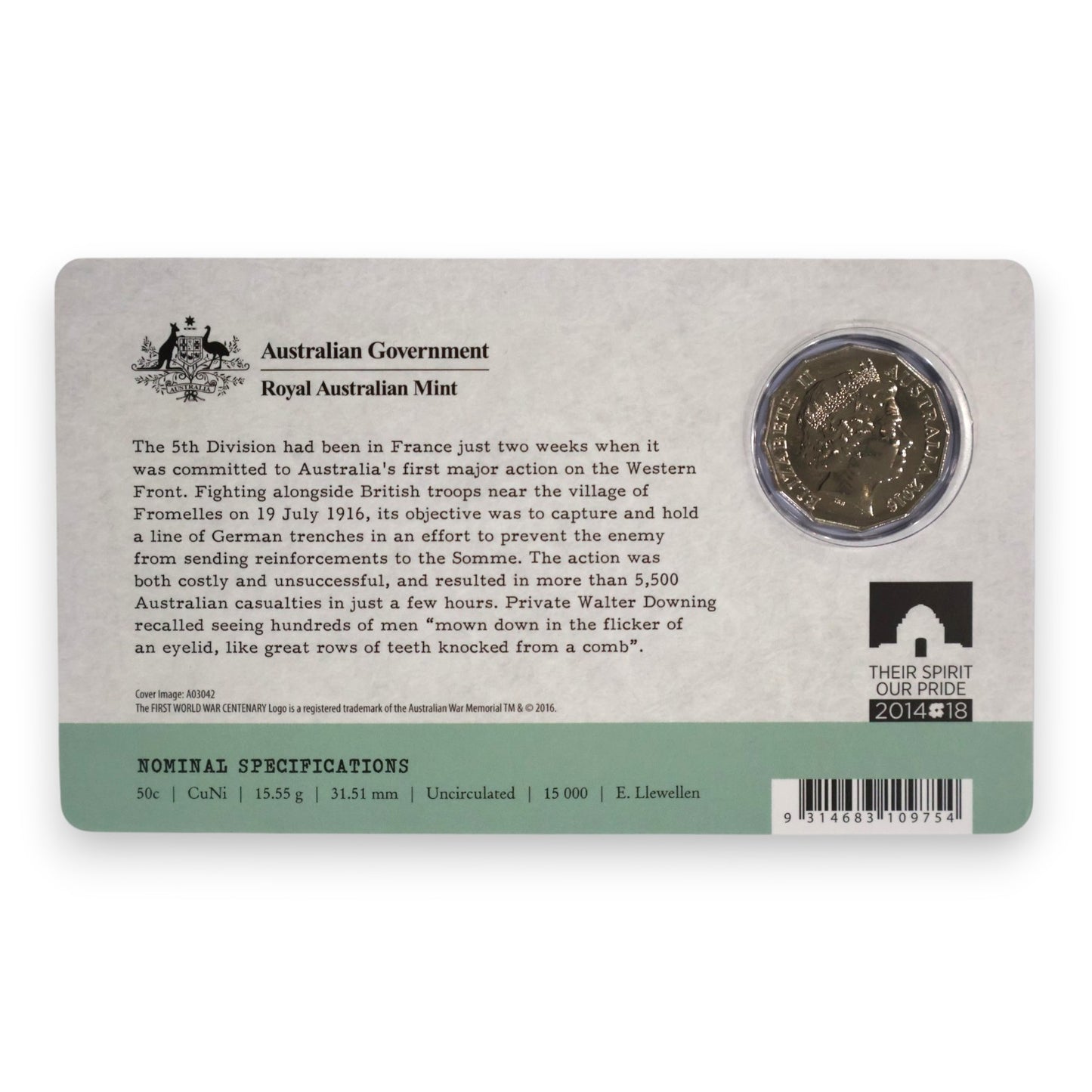 2016 50c Coin - The Western Front - The Battle of Fromelles
