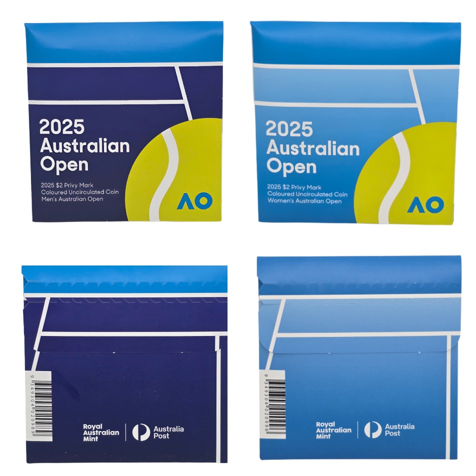 2025 $2 Coin Set - Men’s and Women's Australian Open $2 Privymark Coin in Folder *Lucky Dip*