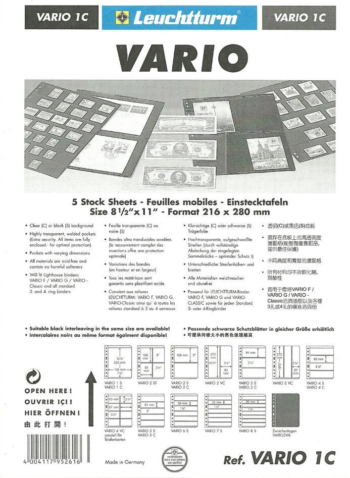 Lighthouse VARIO 1C Banknote & Stamp Stock Sheet - Plastic Pockets - 1-way division, clear film