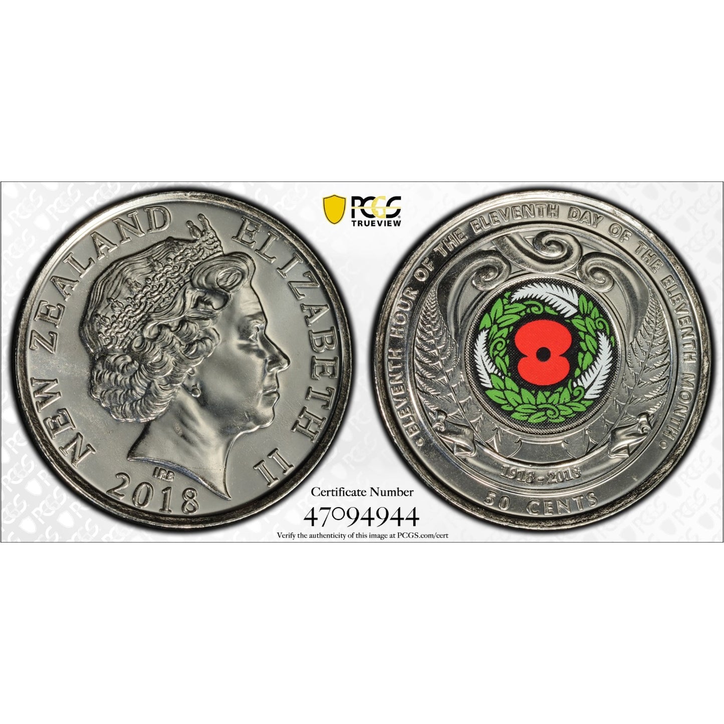 2018 New Zealand 50c Armistice Centenary (MS66)
