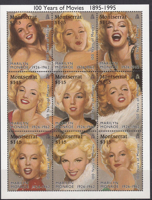 Montserrat 1995 - $10.35 Anniversary of Movies - Marilyn Monroe - Sheetlet of 9 - Mint Unhinged - Loose Change Coins