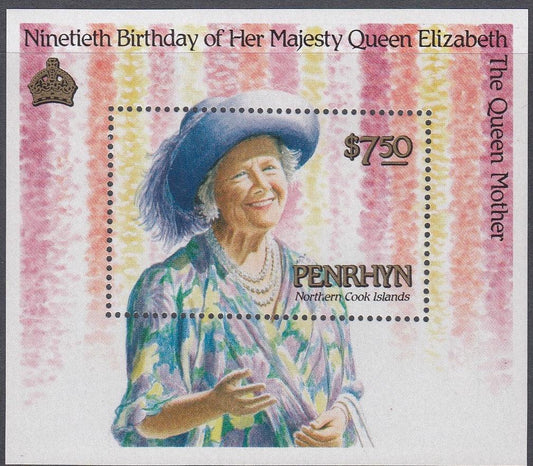 Penrhyn - Northern Cook Islands $7.50 90th Birthday Her Majesty Queen Elizabeth Queen Mother - Mint Unhinged - Loose Change Coins