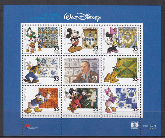 Portugal 2001 - €4.77 100th Birthday of Walt Disney Miniature Sheet - Mint Unhinged - Loose Change Coins