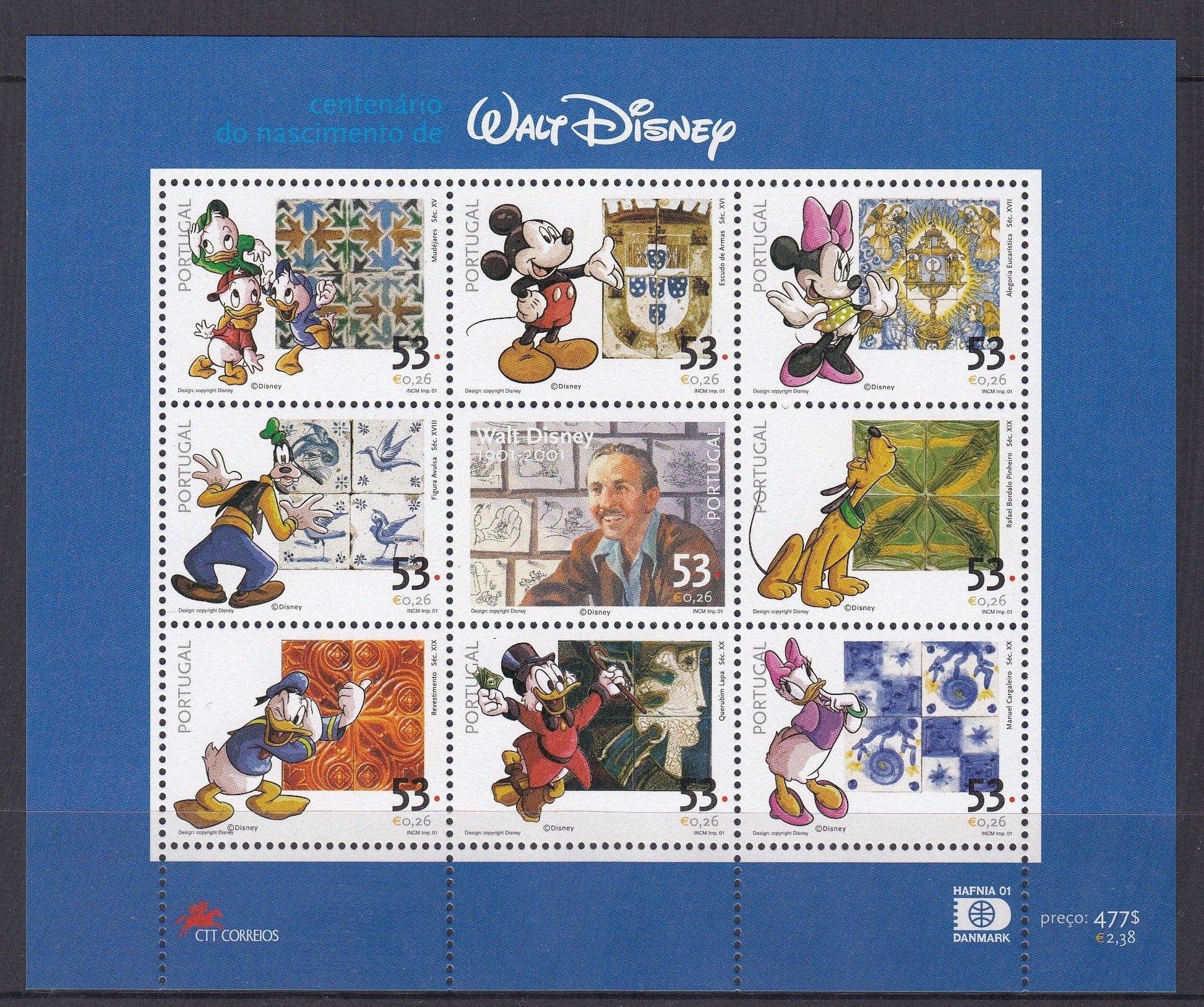 Portugal 2001 - €4.77 100th Birthday of Walt Disney Miniature Sheet - Mint Unhinged - Loose Change Coins