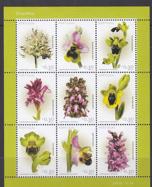 Portugal 2003 - €2.70 Botany - Orchids - Flowers Sheetlet of 9 stamps - Mint Unhinged - Loose Change Coins