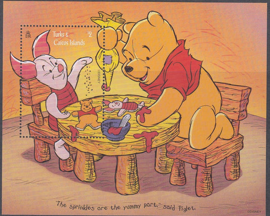 Turks & Caicos Islands 1996 - $2 Pooh & Piglet "Sprinkles are Yummy" Disney Miniature Sheet - Mint Unhinged - Loose Change Coins