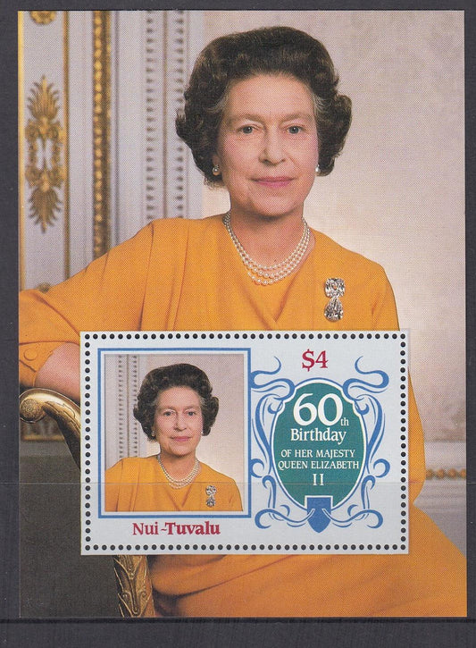 Tuvalu-Nui 1986 - $4.00 Queen Elizabeth 60th Birthday Royalty Miniature Sheet - Mint Unhinged - Loose Change Coins