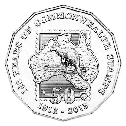 2013 Australian Fifty Cent Coin - 100 Years of Commonwealth Stamps - Uncirculated and Carded - Loose Change Coins