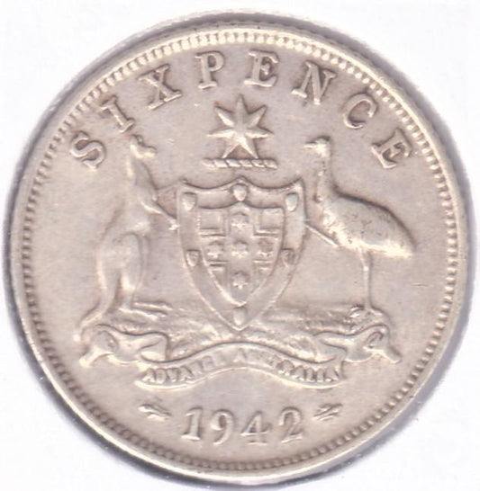 1942 M Australian Sixpence - Very Fine - considered relatively common for period - Loose Change Coins