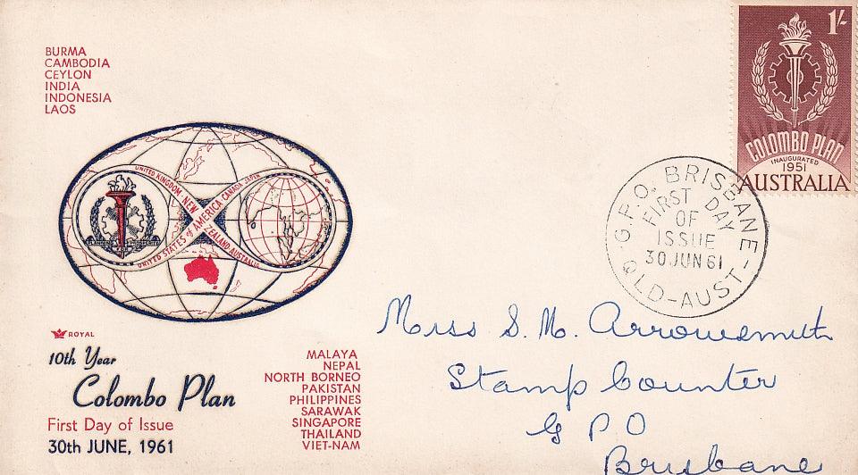 1961 Australian First Day Cover - 1/- 10th Anniv. Colombo Plan - Loose Change Coins
