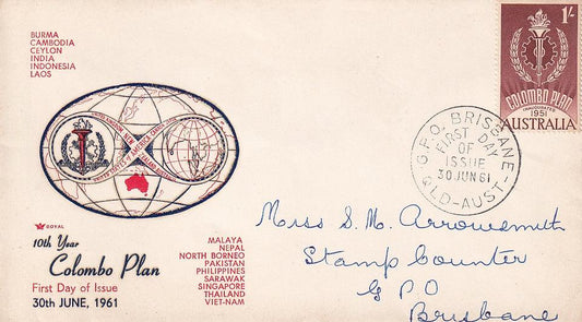 1961 Australian First Day Cover - 1/- 10th Anniv. Colombo Plan - Loose Change Coins