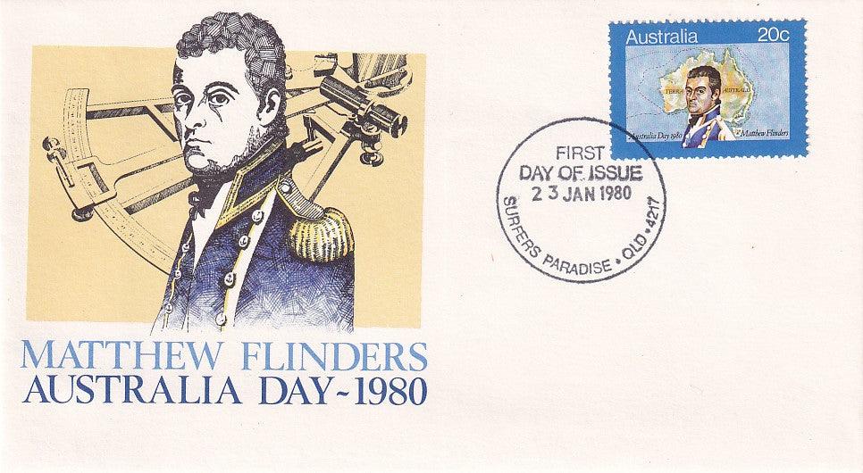 1980 Australia Post Cover - Australia Day 1980 - Matthew Flinders - Surfers Paradise Cancellation - Loose Change Coins