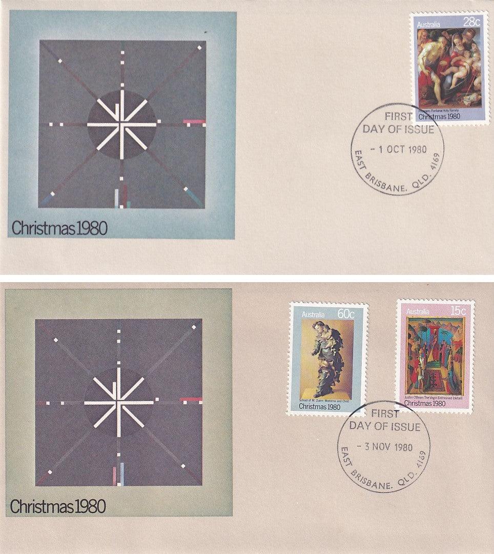 1980 Australian First Day Cover Set - Christmas 1980 28c (01 OCT) & 15c, 60c (03 NOV) East Brisbane Cancellation - Loose Change Coins