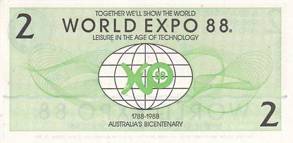 1988 2 Expo Dollars - Novelty Banknote World Expo 88 Commemorative - About Uncirculated - Loose Change Coins