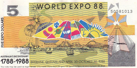 1988 5 Expo Dollars - Novelty Banknote World Expo 88 Commemorative - About Uncirculated - Loose Change Coins