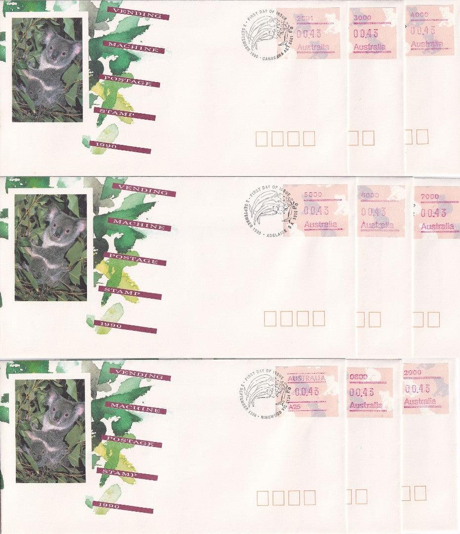 1990 Australian First Day Cover Set - Frama Vending Machine Labels - Set of 9 - Loose Change Coins