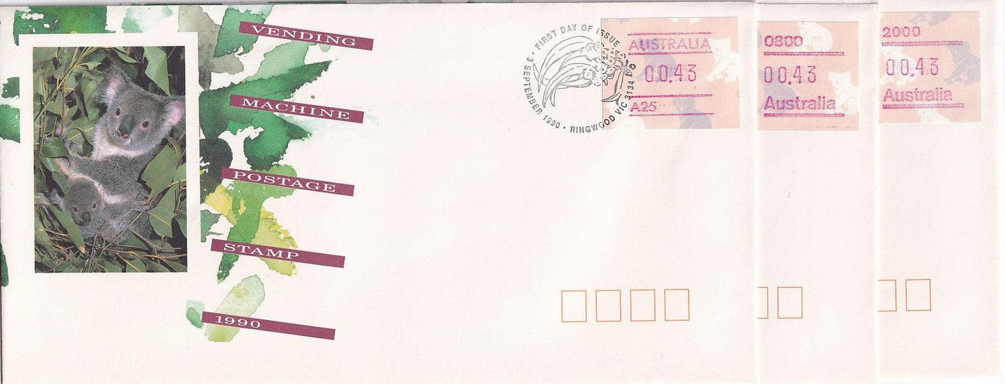 1990 Australian First Day Cover Set - Frama Vending Machine Labels - Set of 9 - Loose Change Coins