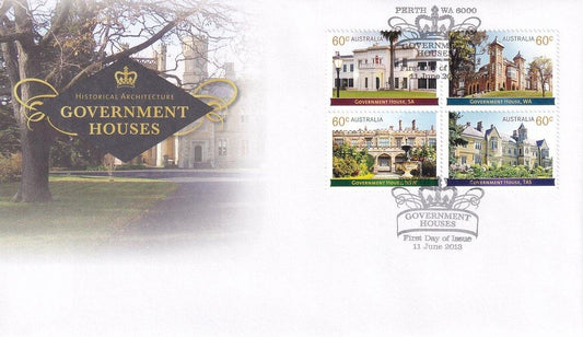 2013 Australian First Day Cover - Government Houses - Historic Architecture Gummed FDC Block - Loose Change Coins