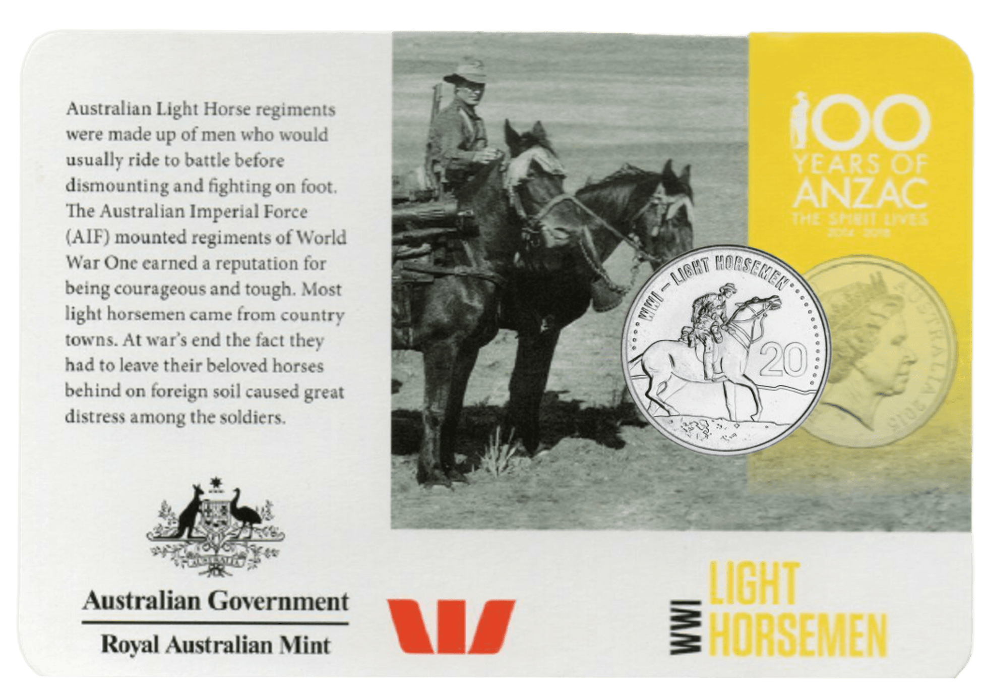 2015 ANZACS Remembered - Light Horsemen 20c Coin - Loose Change Coins