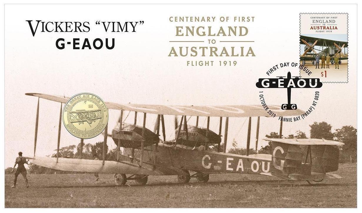 2019 PNC - Centenary of First Flight England to Australia - Vickers 'Vimy' G-EAOU with ENVELOPE PRIVY MARK - Loose Change Coins