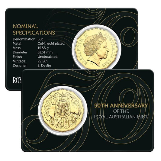 2015 Australian Fifty Cent Coin - 50th Anniversary Royal Australian Mint - Gold Plated Uncirculated and Carded - Loose Change Coins