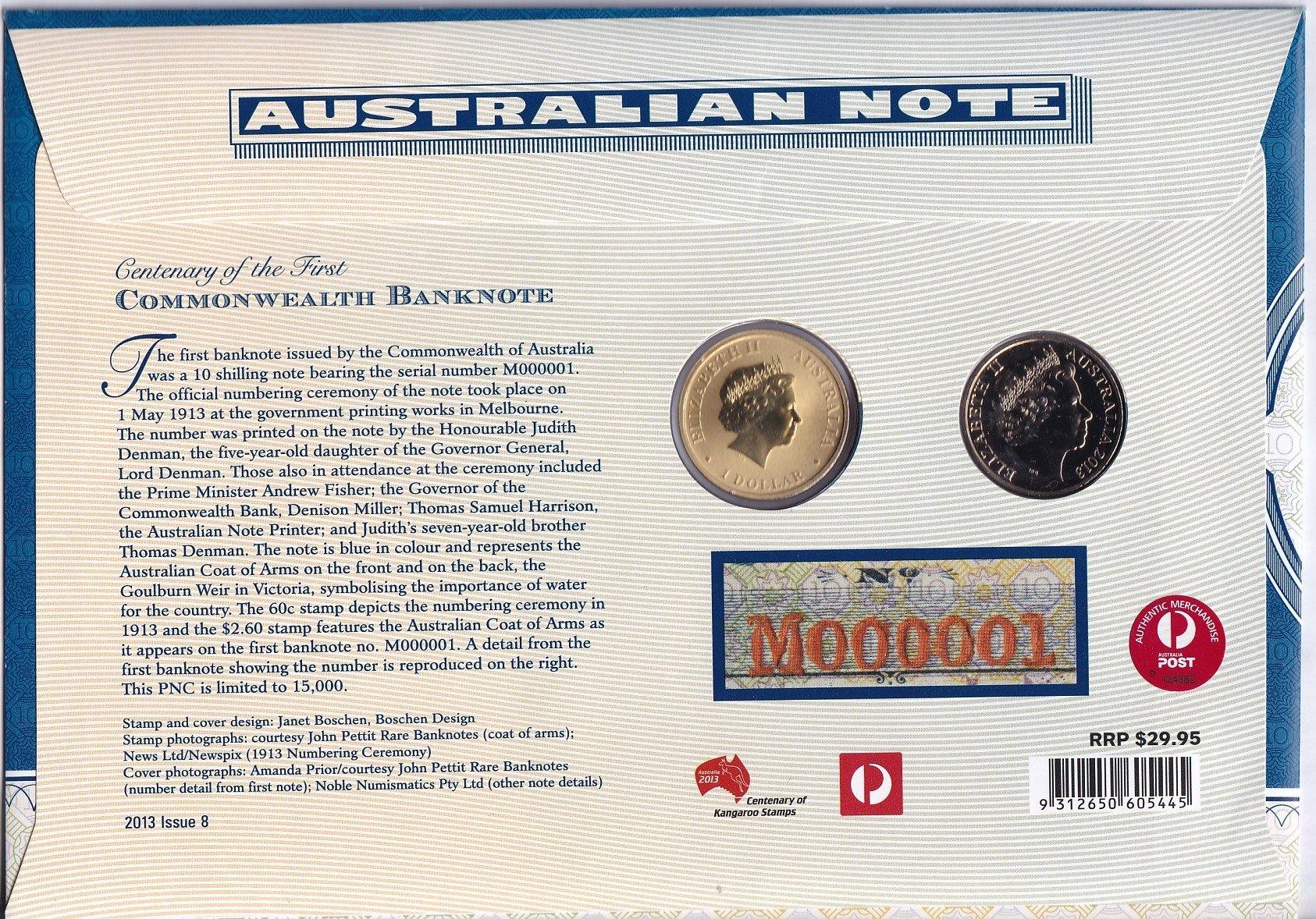 2013 Centenary of the First Commonwealth Banknote Stamp and Coins Cover PNC - Loose Change Coins