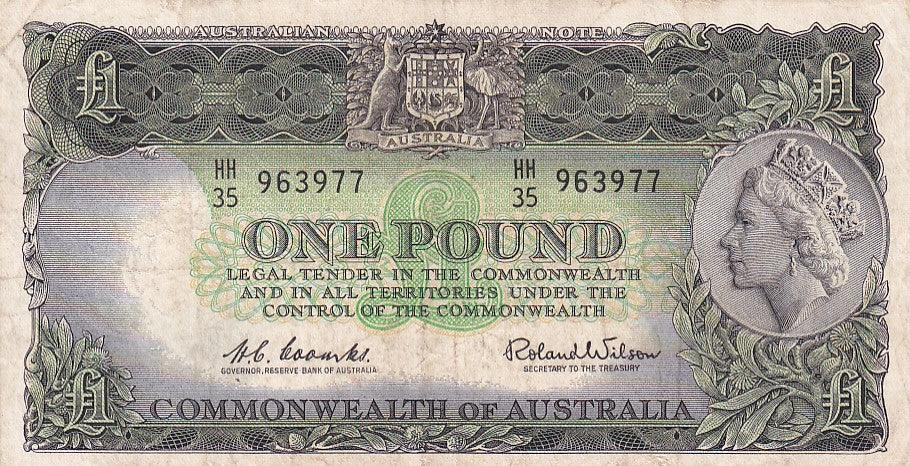 1961 Australian 1 Pound Note - HH 35 963977 - HC COOMBS/RONALD WILSON Emerald Green - Reserve Bank - R34b - General Prefix - Fine - Loose Change Coins