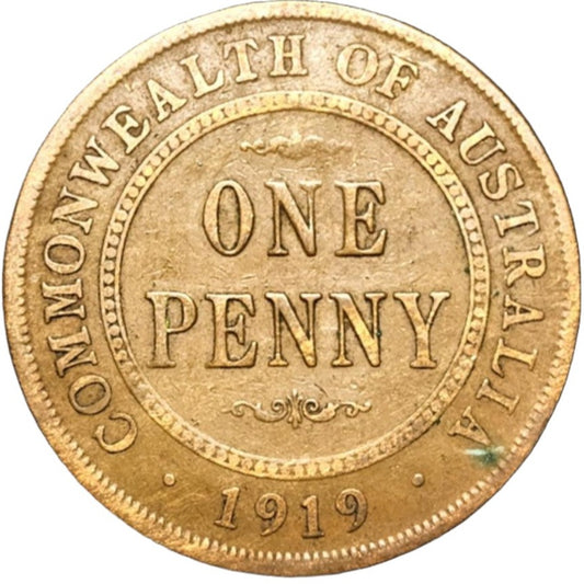 1919 Australian Penny - Very Good - No Dots Variety - Loose Change Coins